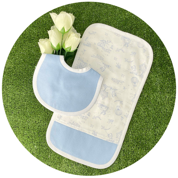 Blue Cotton Pique Custom Bib and Burp Set